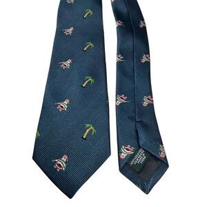 J.Crew Men's Silk Christmas Tie Blue Santa Palm Tree‎ Holiday Theme